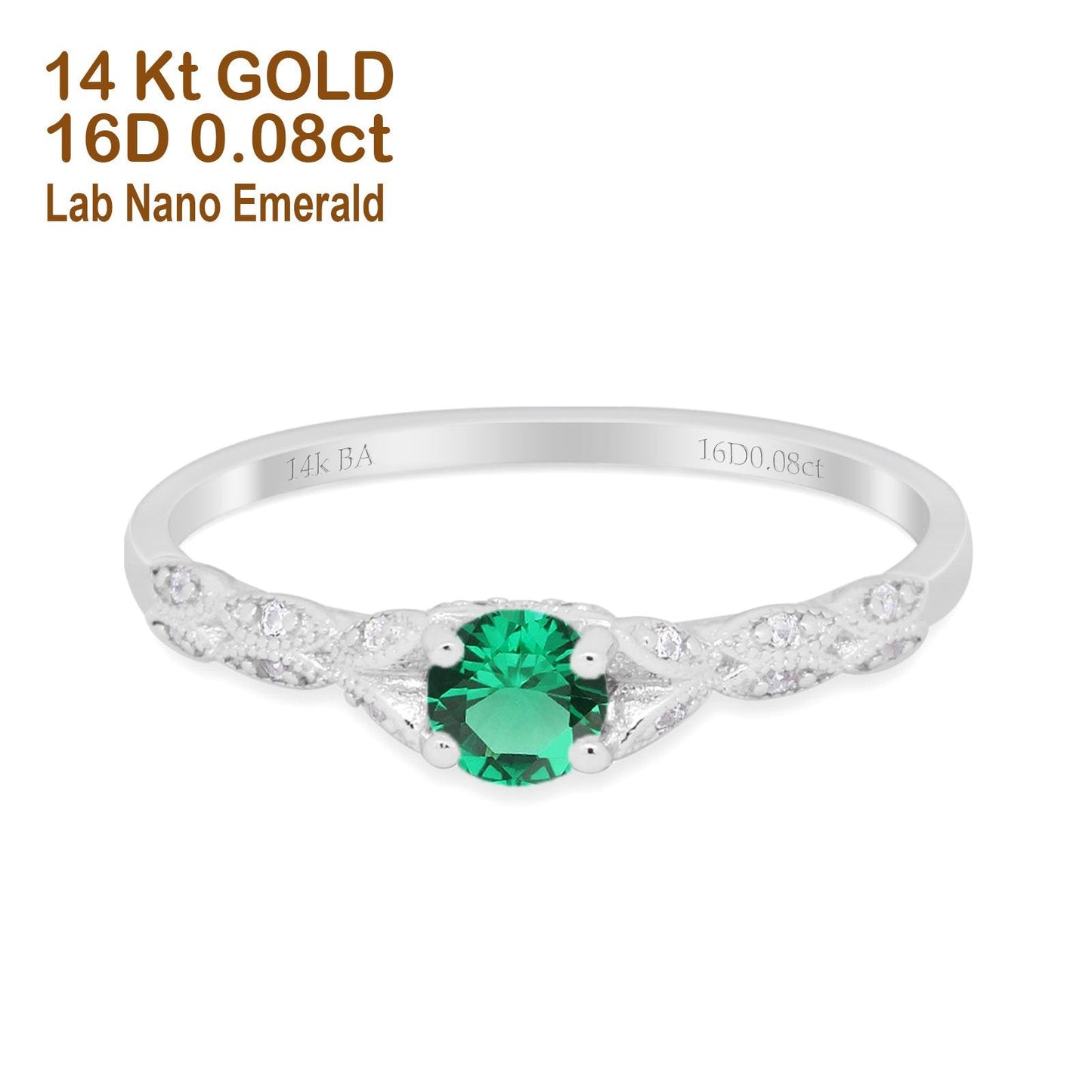 14K White Gold 0.33ct Round Petite Dainty Art Deco 4mm G SI Nano Emerald Diamond Engagement Wedding Ring Size 6.5