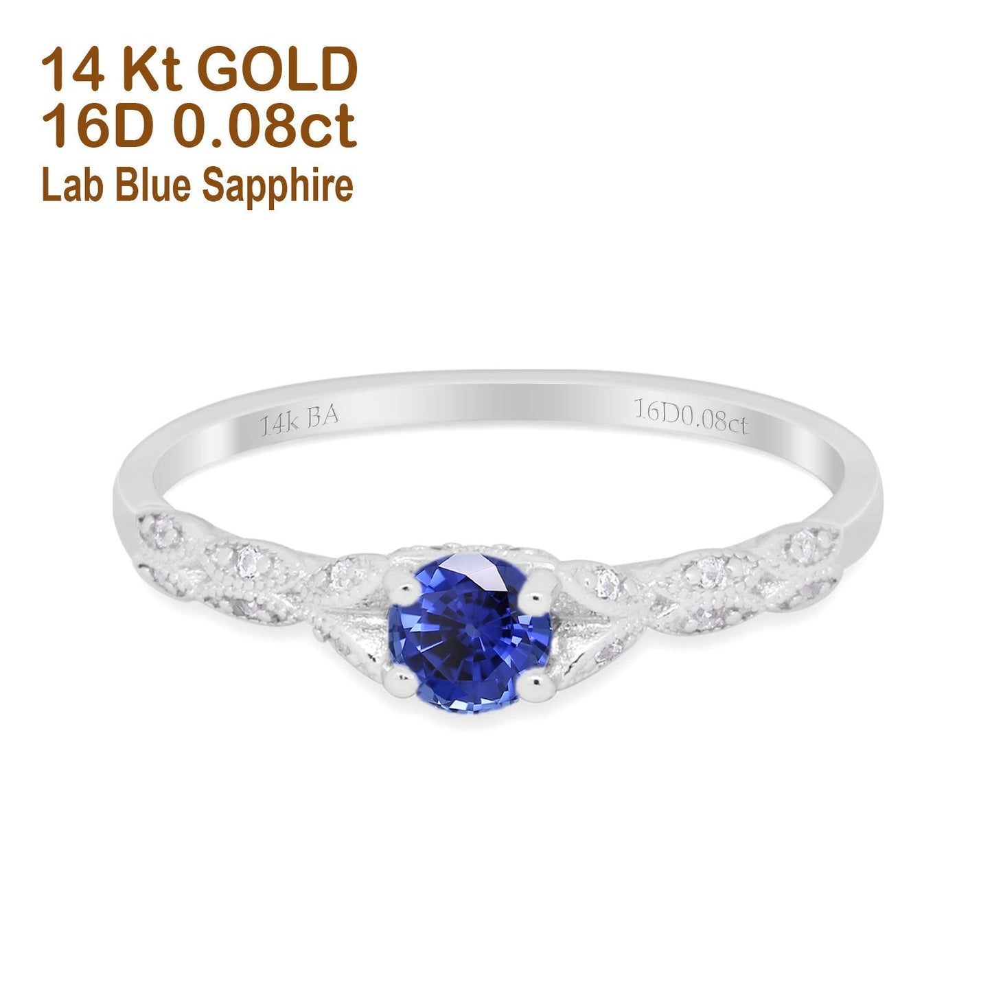 14K White Gold 0.33ct Round Petite Dainty Art Deco 4mm G SI Lab Blue Sapphire Diamond Engagement Wedding Ring Size 6.5