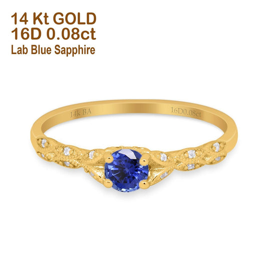 14K Yellow Gold 0.33ct Round Petite Dainty Art Deco 4mm G SI Lab Blue Sapphire Diamond Engagement Wedding Ring Size 6.5