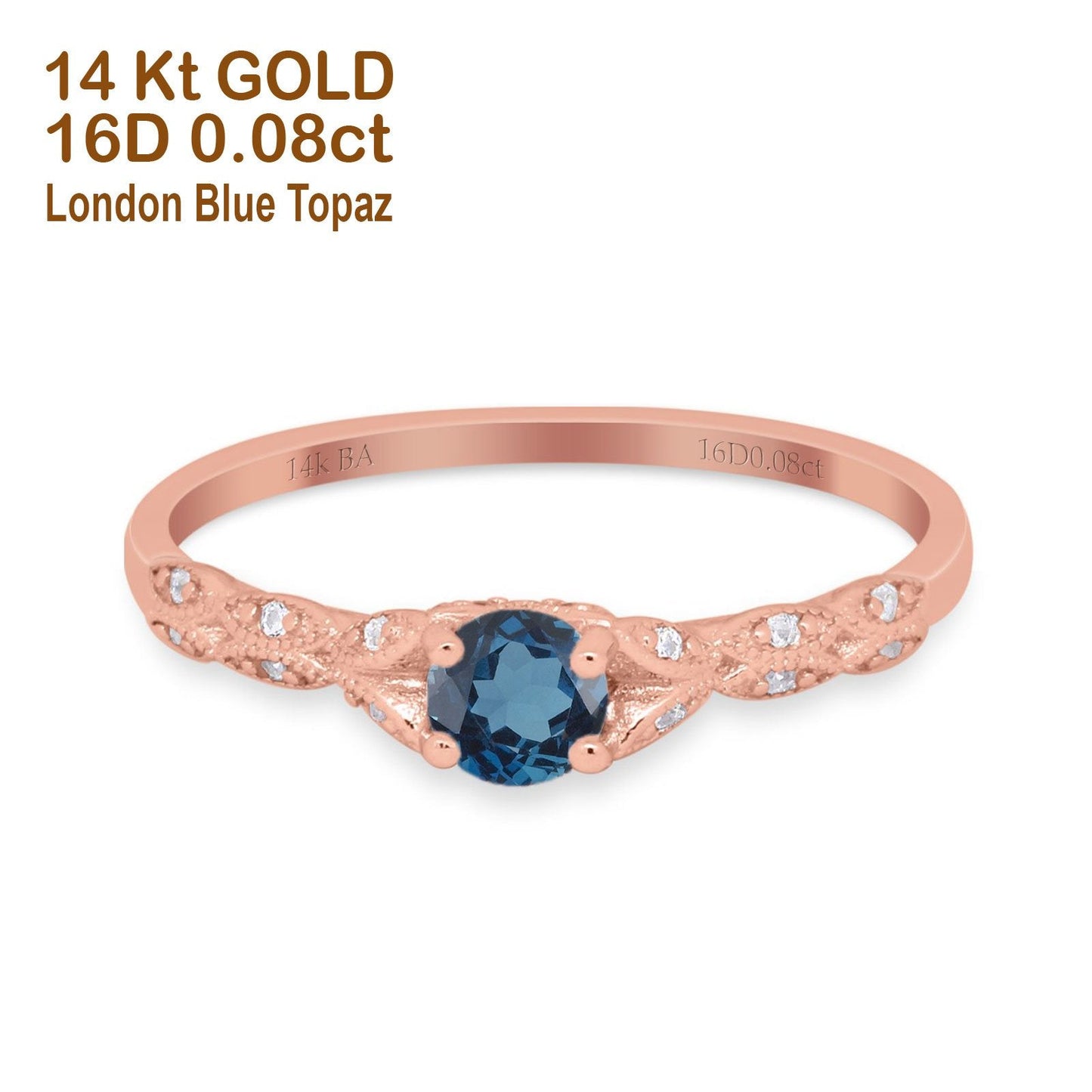 14K Rose Gold 0.33ct Round Petite Dainty Art Deco 4mm G SI London Blue Topaz Diamond Engagement Wedding Ring Size 6.5