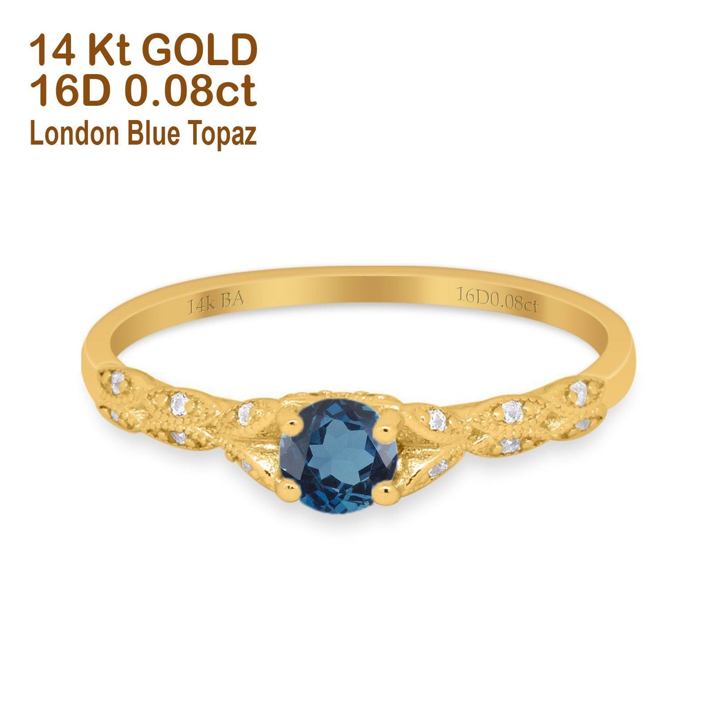 14K Yellow Gold 0.33ct Round Petite Dainty Art Deco 4mm G SI London Blue Topaz Diamond Engagement Wedding Ring Size 6.5