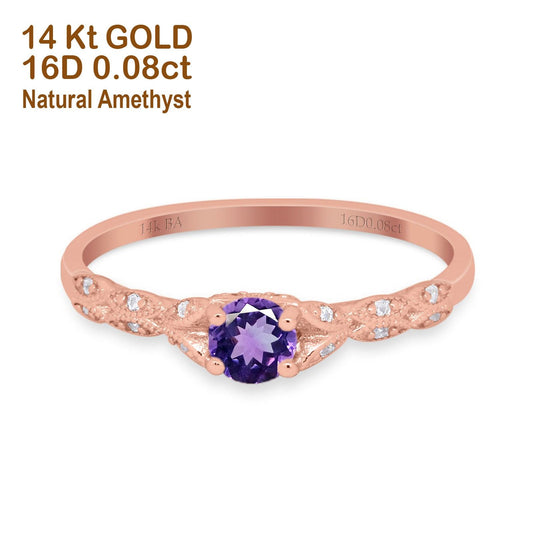 14K Rose Gold 0.33ct Round Petite Dainty Art Deco 4mm G SI Natural Amethyst Diamond Engagement Wedding Ring Size 6.5