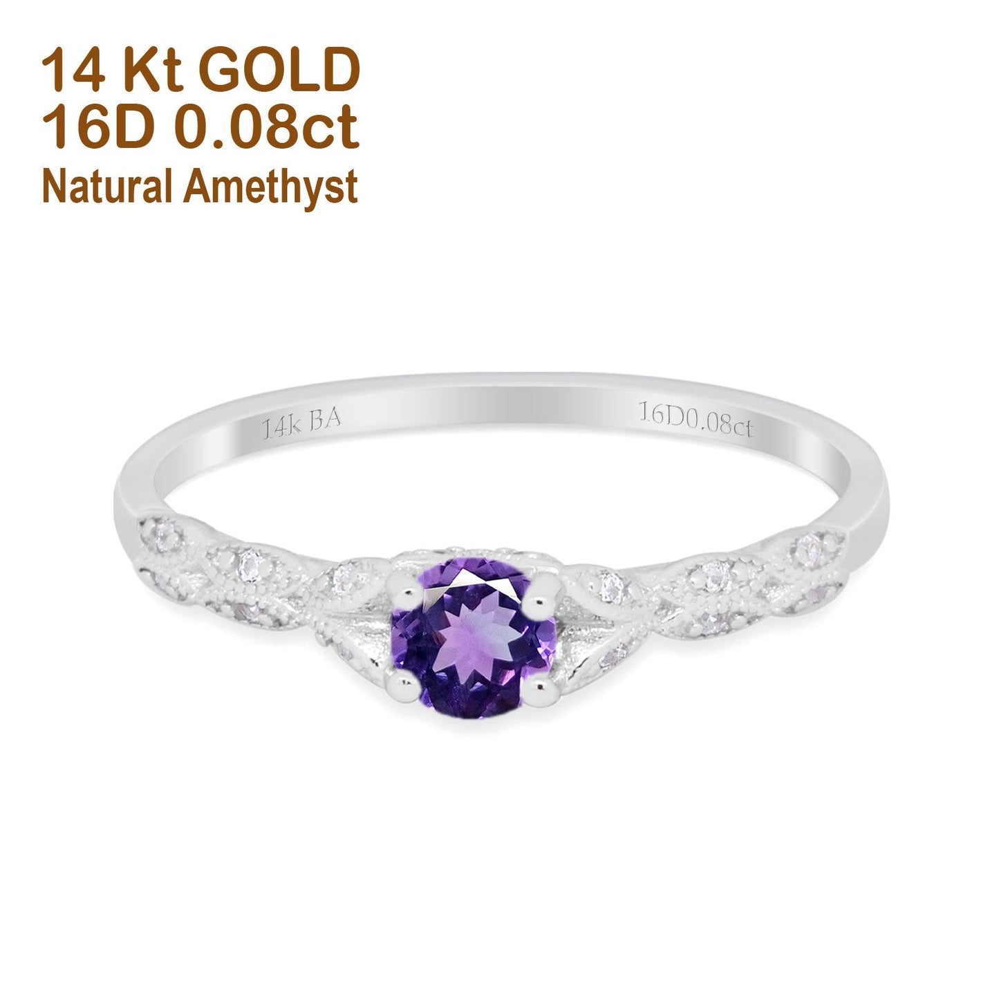 14K White Gold 0.33ct Round Petite Dainty Art Deco 4mm G SI Natural Amethyst Diamond Engagement Wedding Ring Size 6.5