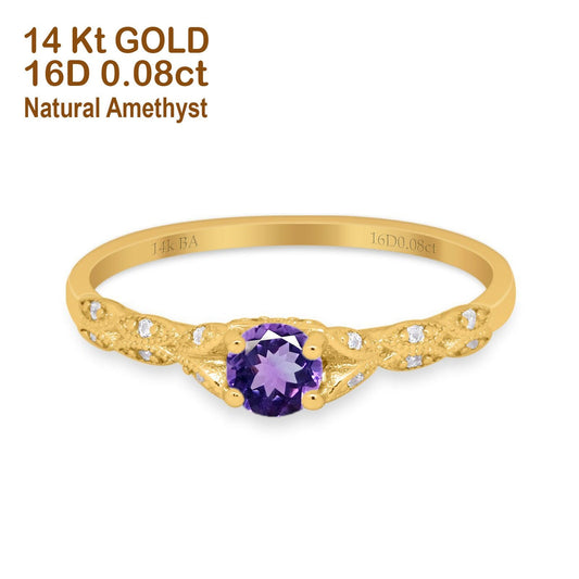 14K Yellow Gold 0.33ct Round Petite Dainty Art Deco 4mm G SI Natural Amethyst Diamond Engagement Wedding Ring Size 6.5