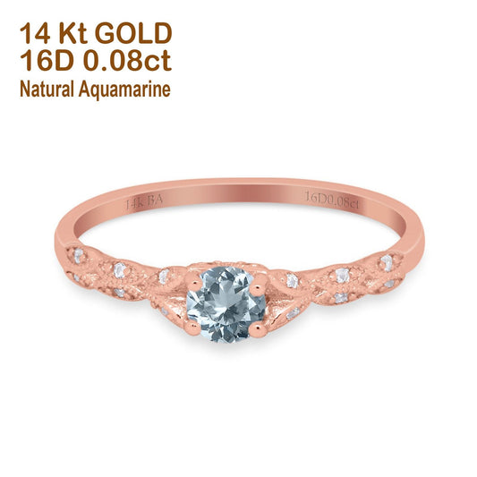 14K Rose Gold 0.33ct Round Petite Dainty Art Deco 4mm G SI Natural Aquamarine Diamond Engagement Wedding Ring Size 6.5