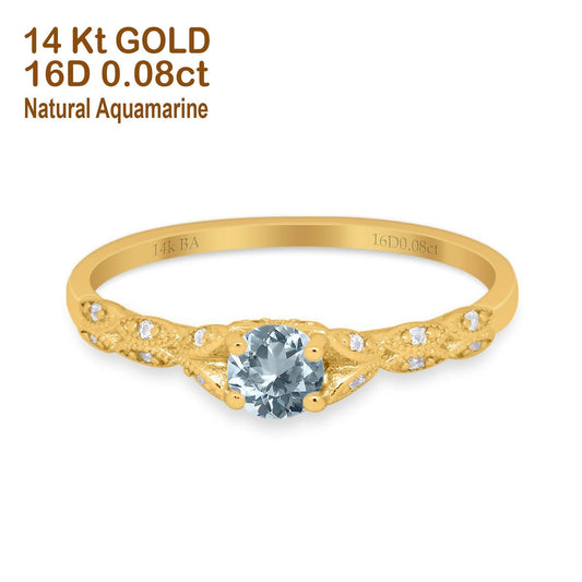 14K Yellow Gold 0.33ct Round Petite Dainty Art Deco 4mm G SI Natural Aquamarine Diamond Engagement Wedding Ring Size 6.5