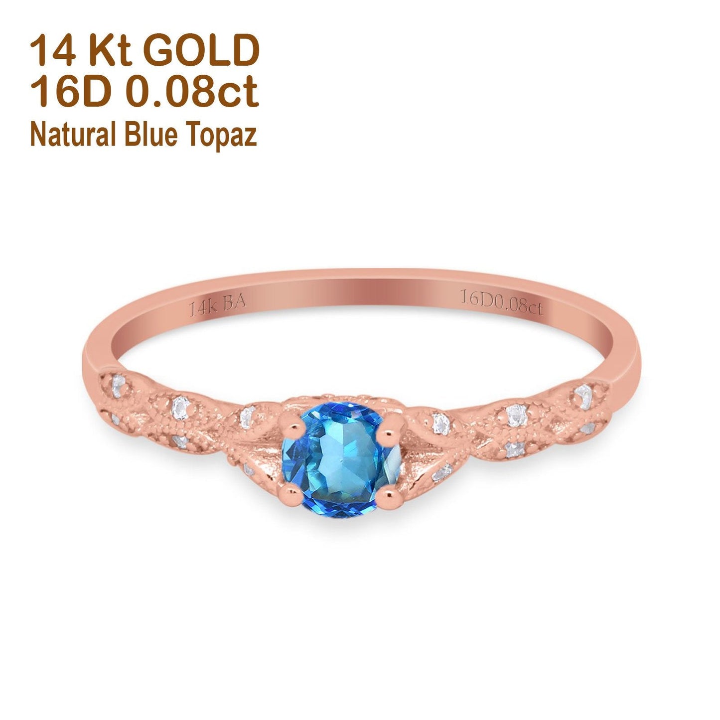 14K Rose Gold 0.33ct Round Petite Dainty Art Deco 4mm G SI Natural Blue Topaz Diamond Engagement Wedding Ring Size 6.5