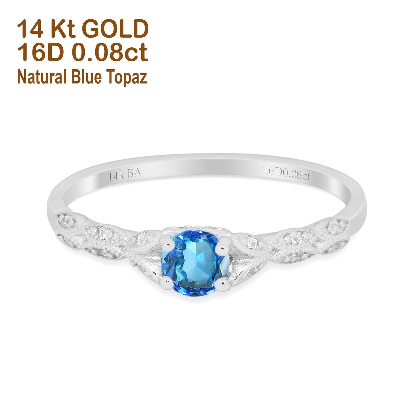 Bague de fiançailles en or blanc 14 carats 0,33 ct Art déco ronde petite et délicate 4 mm G SI avec topaze bleue naturelle et diamant taille 6,5