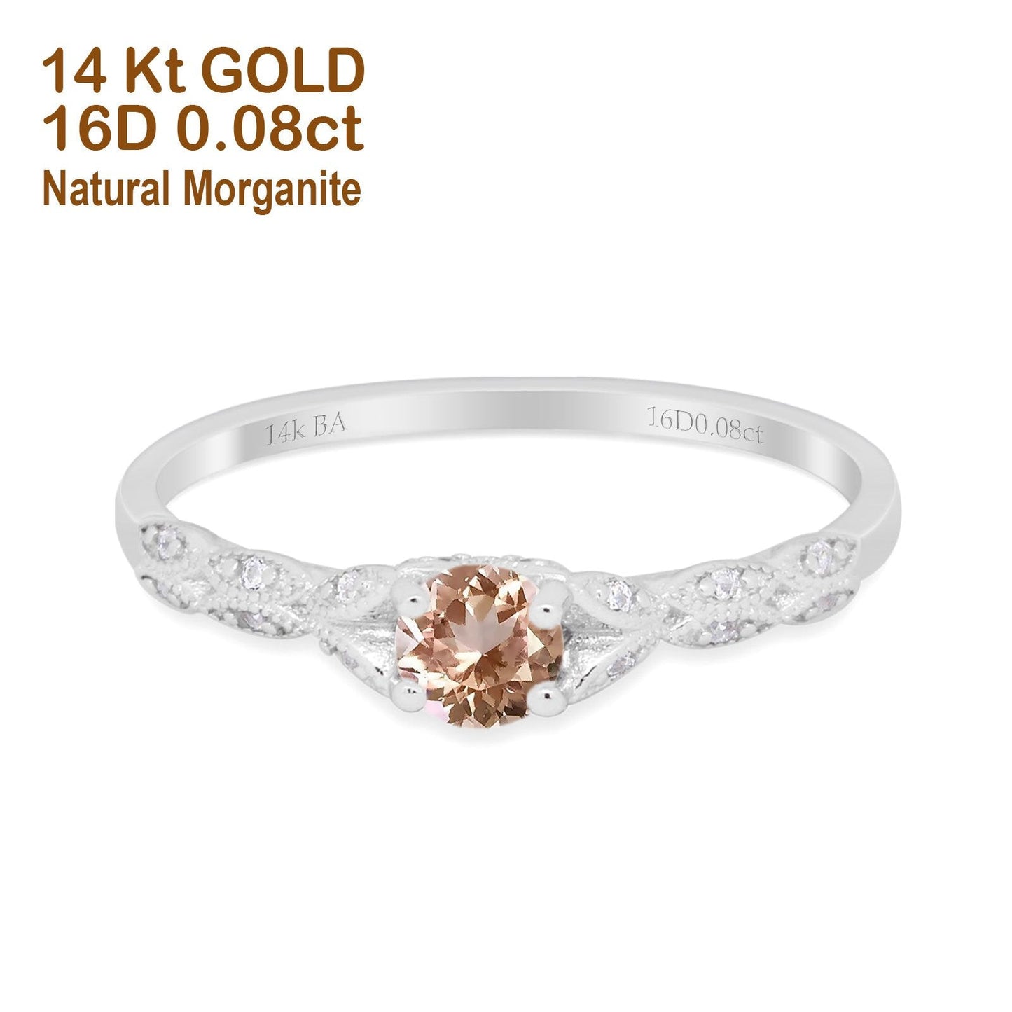 14K White Gold 0.33ct Round Petite Dainty Art Deco 4mm G SI Natural Morganite Diamond Engagement Wedding Ring Size 6.5