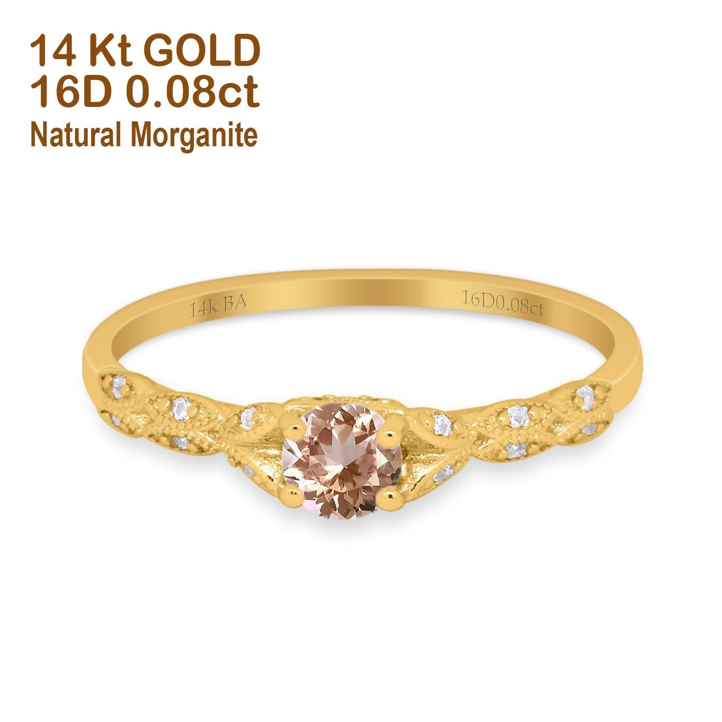 14K Yellow Gold 0.33ct Round Petite Dainty Art Deco 4mm G SI Natural Morganite Diamond Engagement Wedding Ring Size 6.5