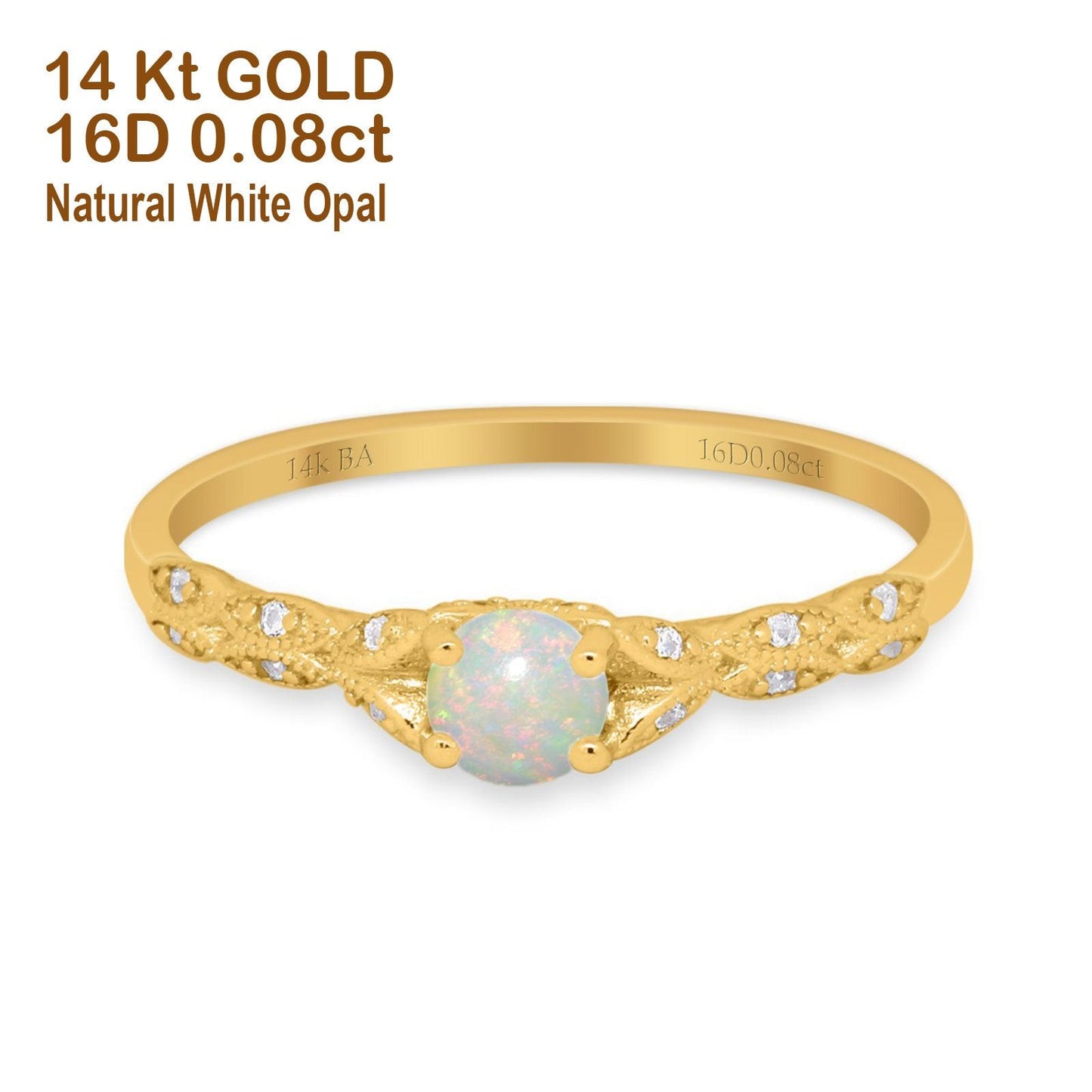 14K Yellow Gold 0.08ct Round Petite Dainty Art Deco 4mm G SI Natural White Opal Diamond Engagement Wedding Ring Size 6.5