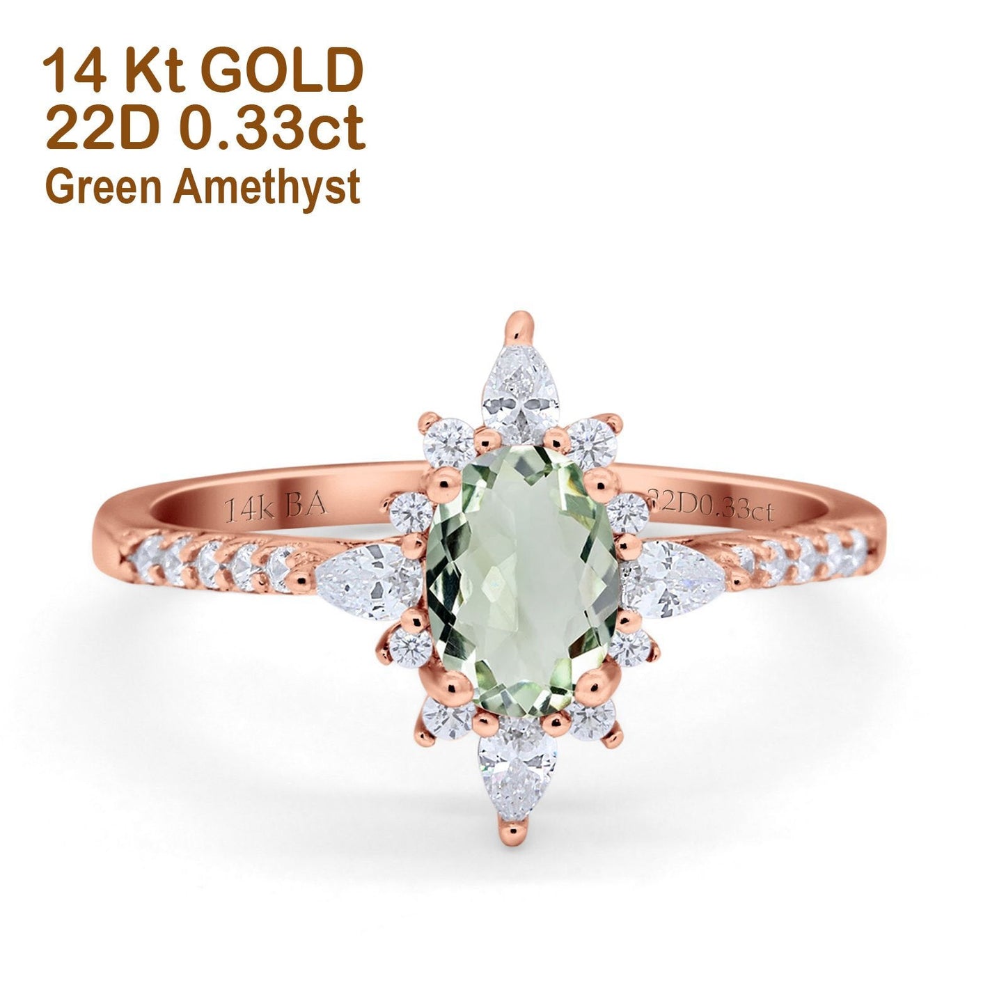 14K Rose Gold 1.54ct Vintage Oval 8mmx6mm G SI Natural Green Amethyst Diamond Engagement Wedding Ring Size 6.5