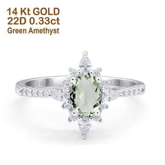 14K White Gold 1.54ct Vintage Oval 8mmx6mm G SI Natural Green Amethyst Diamond Engagement Wedding Ring Size 6.5