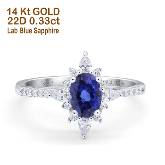 14K White Gold 1.54ct Vintage Oval 8mmx6mm G SI Lab Blue Sapphire Diamond Engagement Wedding Ring Size 6.5