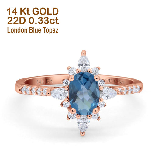 14K Rose Gold 1.54ct Vintage Oval 8mmx6mm G SI London Blue Topaz Diamond Engagement Wedding Ring Size 6.5