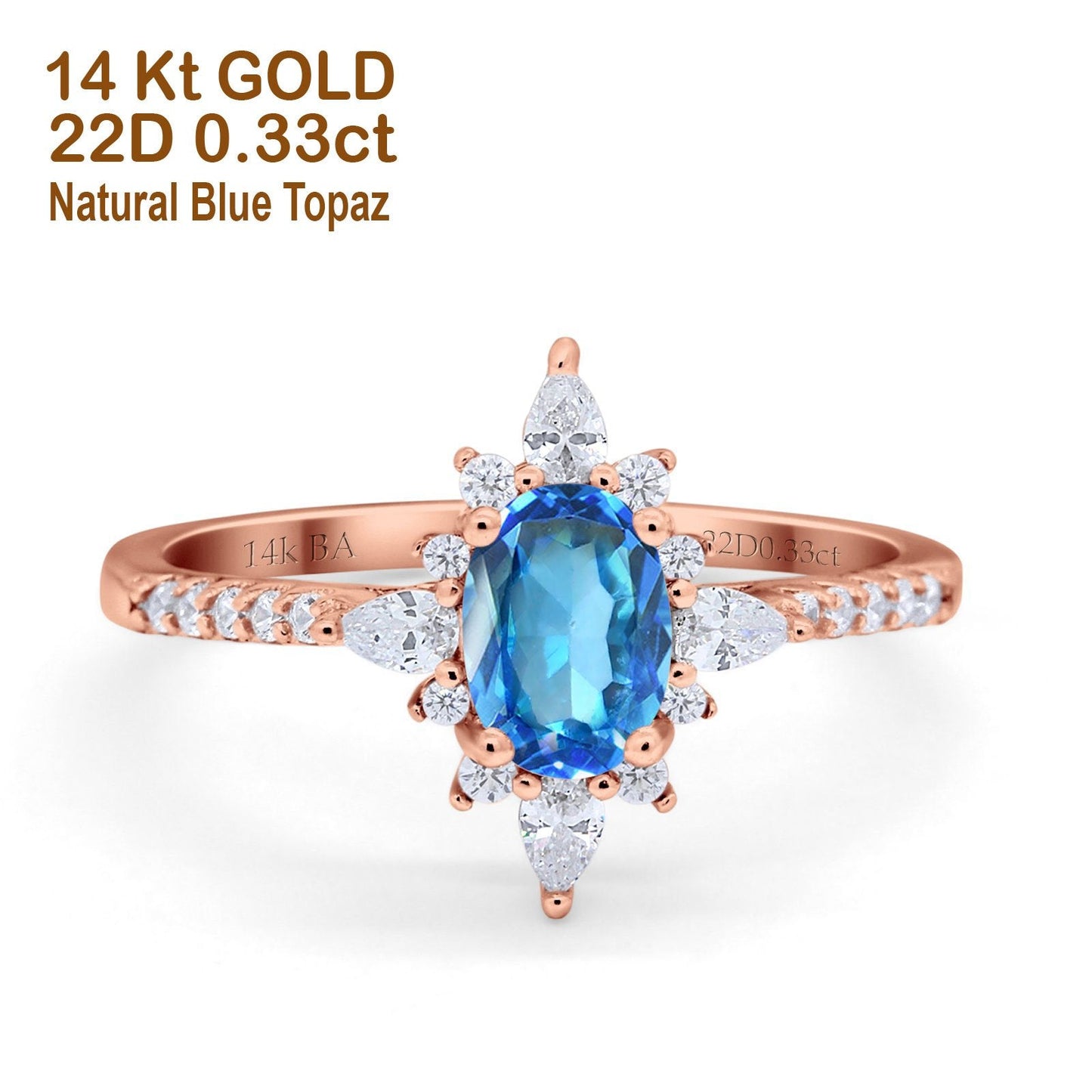 14K Rose Gold 1.54ct Vintage Oval 8mmx6mm G SI Natural Blue Topaz Diamond Engagement Wedding Ring Size 6.5