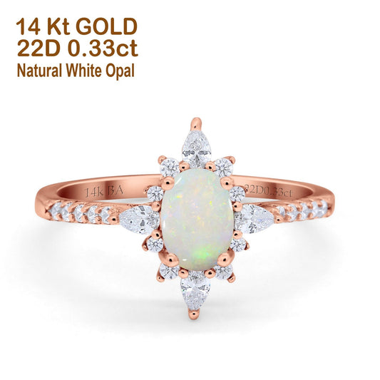 14K Rose Gold 0.33ct Vintage Oval 8mmx6mm G SI Natural White Opal Diamond Engagement Wedding Ring Size 6.5