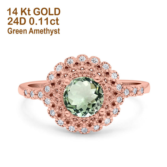 14K Rose Gold 0.77ct Halo Art Deco Round 5.5mm G SI Natural Green Amethyst Diamond Engagement Wedding Ring Size 6.5