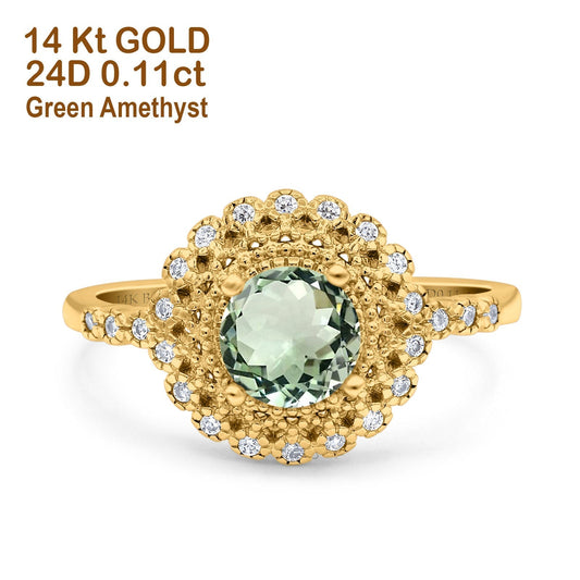 14K Yellow Gold 0.77ct Halo Art Deco Round 5.5mm G SI Natural Green Amethyst Diamond Engagement Wedding Ring Size 6.5