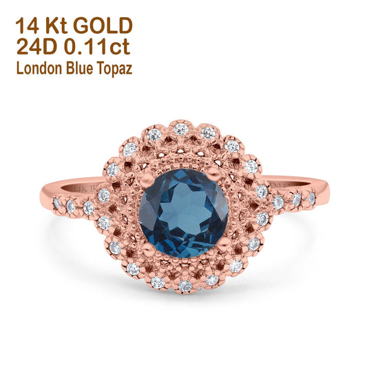 14K Rose Gold 0.77ct Halo Art Deco Round 5.5mm G SI London Blue Topaz Diamond Engagement Wedding Ring Size 6.5