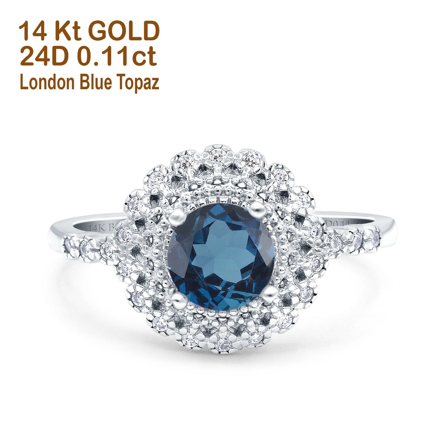 14K White Gold 0.77ct Halo Art Deco Round 5.5mm G SI London Blue Topaz Diamond Engagement Wedding Ring Size 6.5