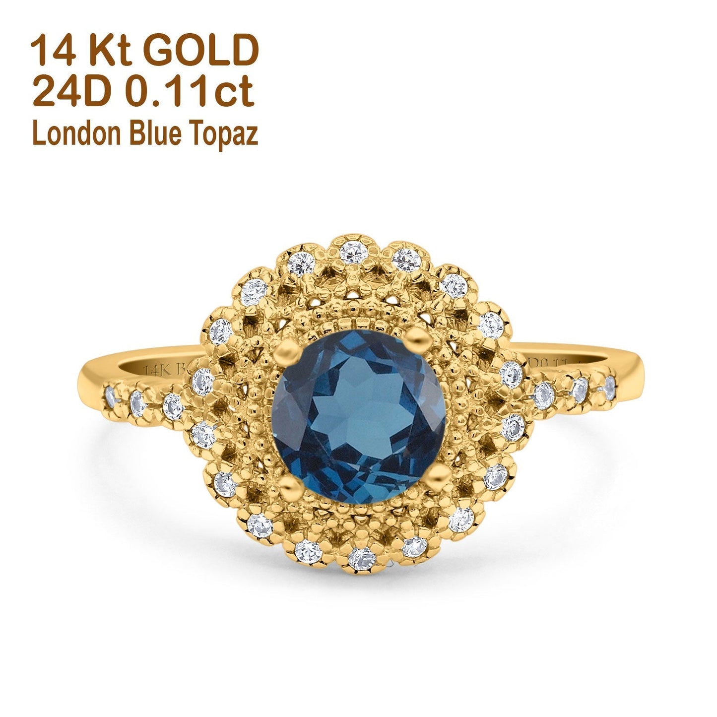 14K Yellow Gold 0.77ct Halo Art Deco Round 5.5mm G SI London Blue Topaz Diamond Engagement Wedding Ring Size 6.5