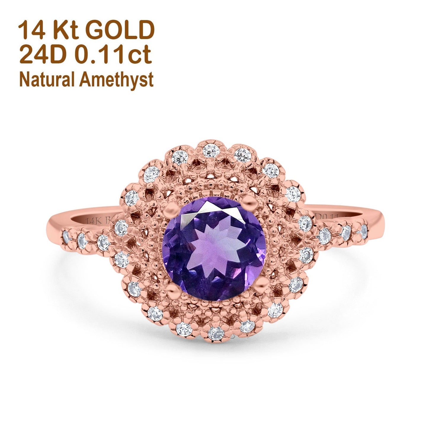 14K Rose Gold 0.77ct Halo Art Deco Round 5.5mm G SI Natural Amethyst Diamond Engagement Wedding Ring Size 6.5