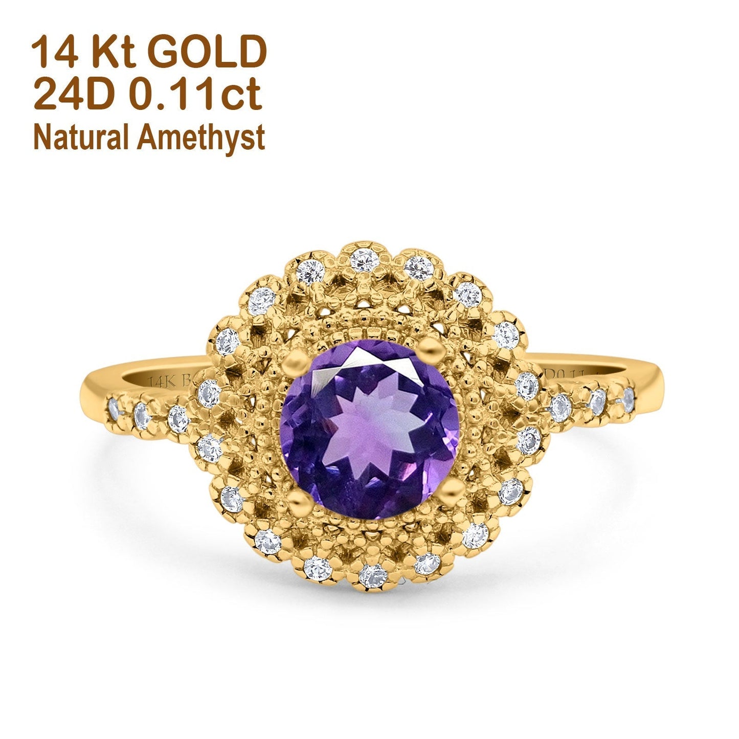 14K Yellow Gold 0.77ct Halo Art Deco Round 5.5mm G SI Natural Amethyst Diamond Engagement Wedding Ring Size 6.5