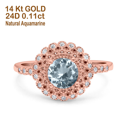 14K Rose Gold 0.77ct Halo Art Deco Round 5.5mm G SI Natural Aquamarine Diamond Engagement Wedding Ring Size 6.5