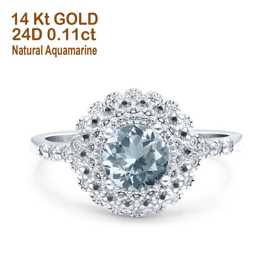 14K White Gold 0.77ct Halo Art Deco Round 5.5mm G SI Natural Aquamarine Diamond Engagement Wedding Ring Size 6.5