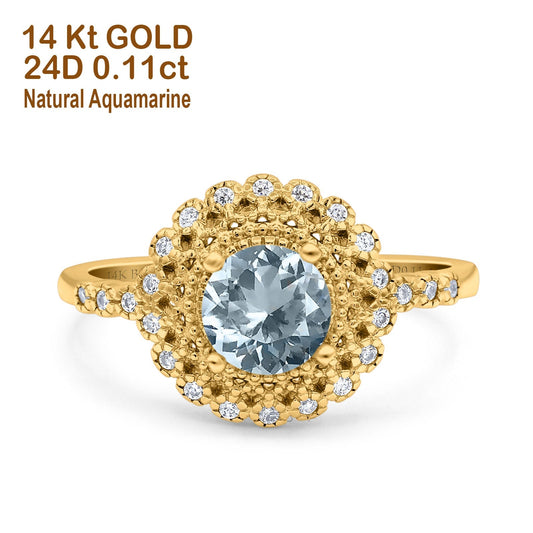 14K Yellow Gold 0.77ct Halo Art Deco Round 5.5mm G SI Natural Aquamarine Diamond Engagement Wedding Ring Size 6.5