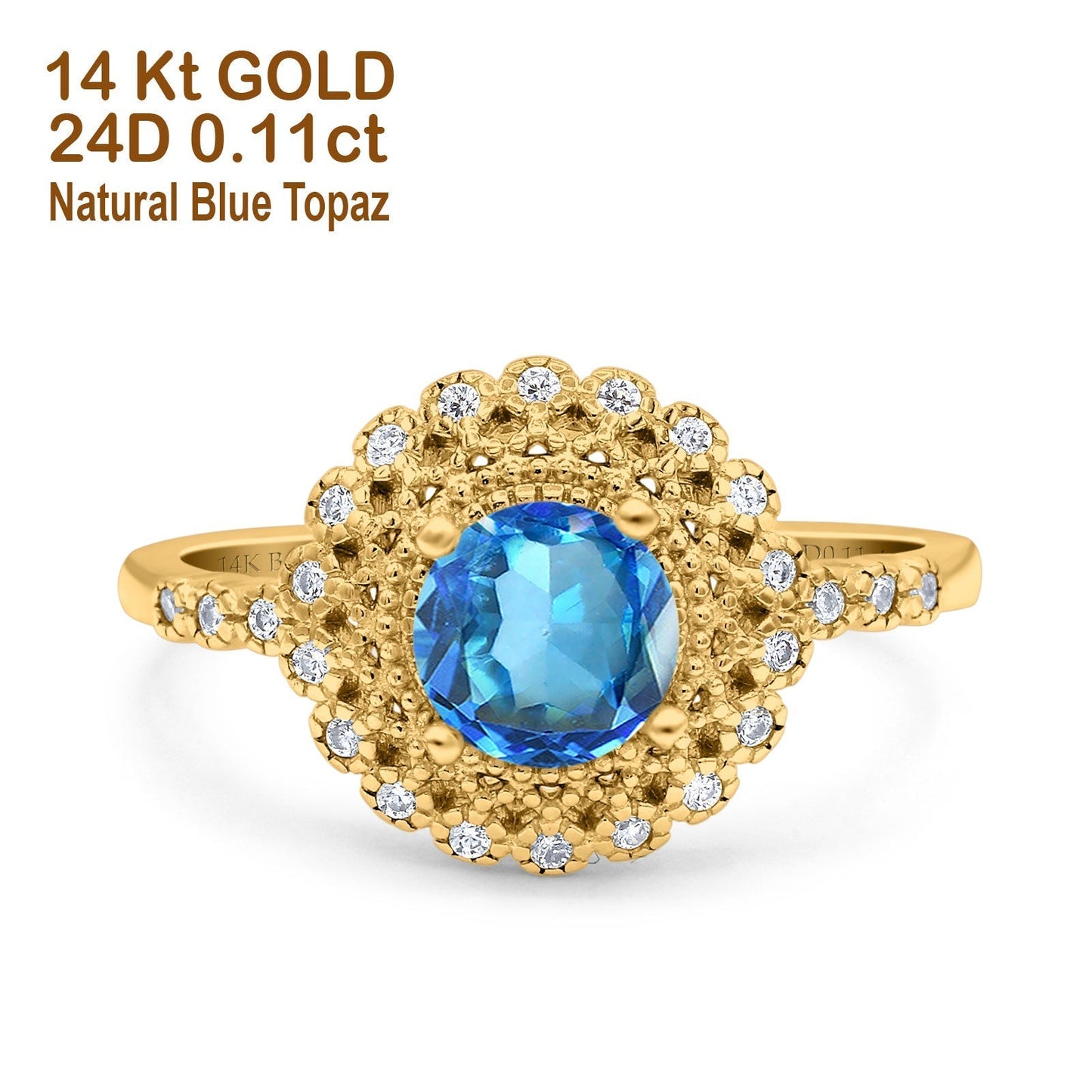 14K Yellow Gold 0.77ct Halo Art Deco Round 5.5mm G SI Natural Blue Topaz Diamond Engagement Wedding Ring Size 6.5