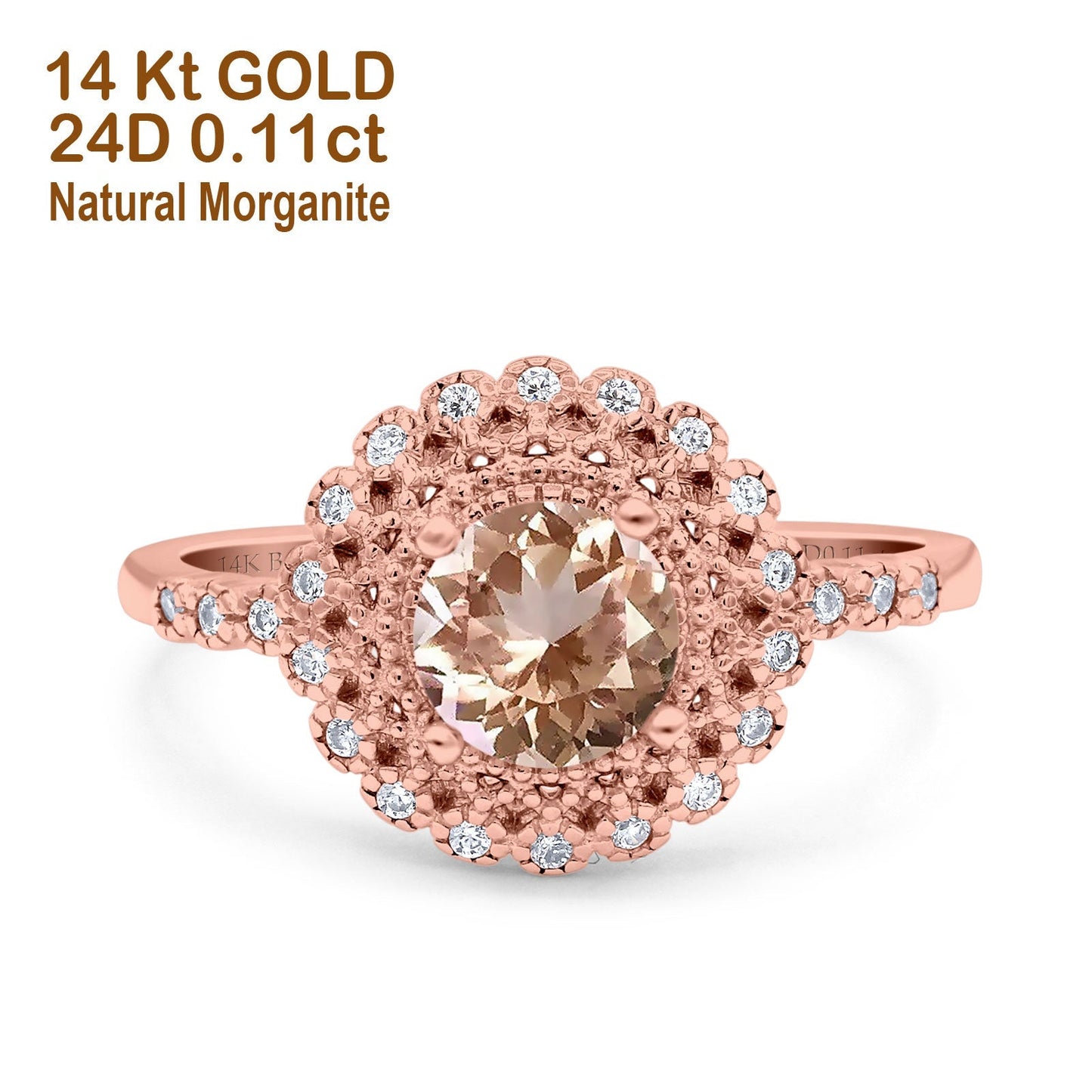 14K Rose Gold 0.77ct Halo Art Deco Round 5.5mm G SI Natural Morganite Diamond Engagement Wedding Ring Size 6.5