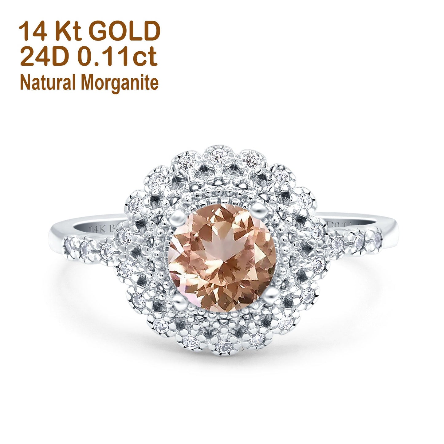 14K White Gold 0.77ct Halo Art Deco Round 5.5mm G SI Natural Morganite Diamond Engagement Wedding Ring Size 6.5