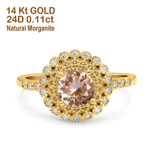 14K Yellow Gold 0.77ct Halo Art Deco Round 5.5mm G SI Natural Morganite Diamond Engagement Wedding Ring Size 6.5