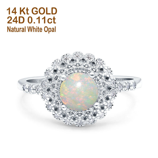 14K White Gold 0.11ct Halo Art Deco Round 5.5mm G SI Natural White Opal Diamond Engagement Wedding Ring Size 6.5