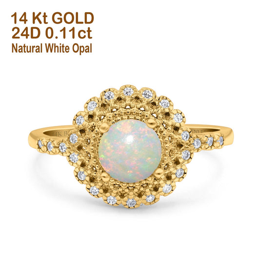 14K Yellow Gold 0.11ct Halo Art Deco Round 5.5mm G SI Natural White Opal Diamond Engagement Wedding Ring Size 6.5