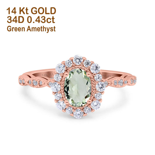 14K Rose Gold 1.19ct Vintage Art Deco Halo Oval 7mmx5mm G SI Natural Green Amethyst Diamond Engagement Wedding Ring Size 6.5