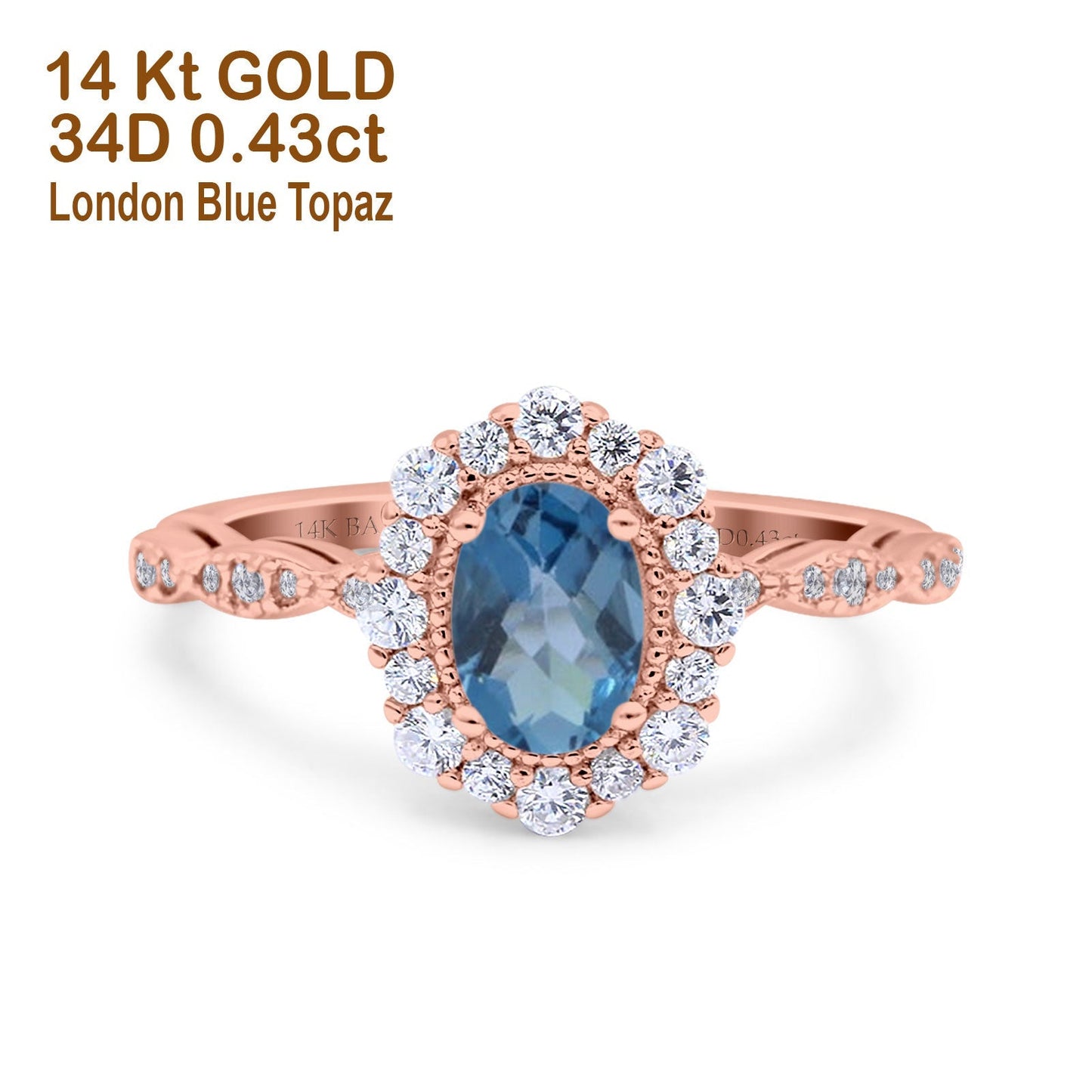 14K Rose Gold 1.19ct Vintage Art Deco Halo Oval 7mmx5mm G SI London Blue Topaz Diamond Engagement Wedding Ring Size 6.5