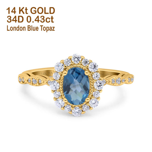 14K Yellow Gold 1.19ct Vintage Art Deco Halo Oval 7mmx5mm G SI London Blue Topaz Diamond Engagement Wedding Ring Size 6.5