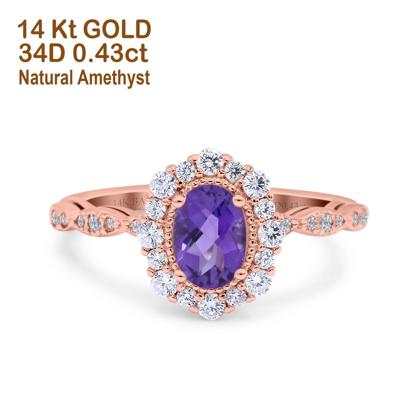 14K Rose Gold 1.19ct Vintage Art Deco Halo Oval 7mmx5mm G SI Natural Amethyst Diamond Engagement Wedding Ring Size 6.5