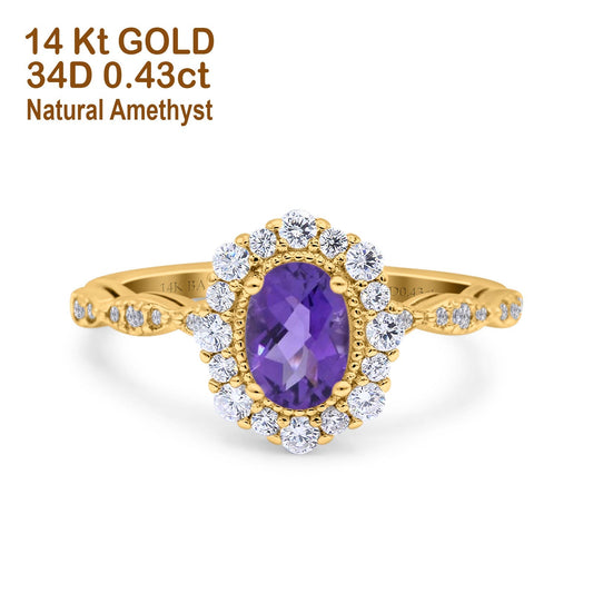 14K Yellow Gold 1.19ct Vintage Art Deco Halo Oval 7mmx5mm G SI Natural Amethyst Diamond Engagement Wedding Ring Size 6.5