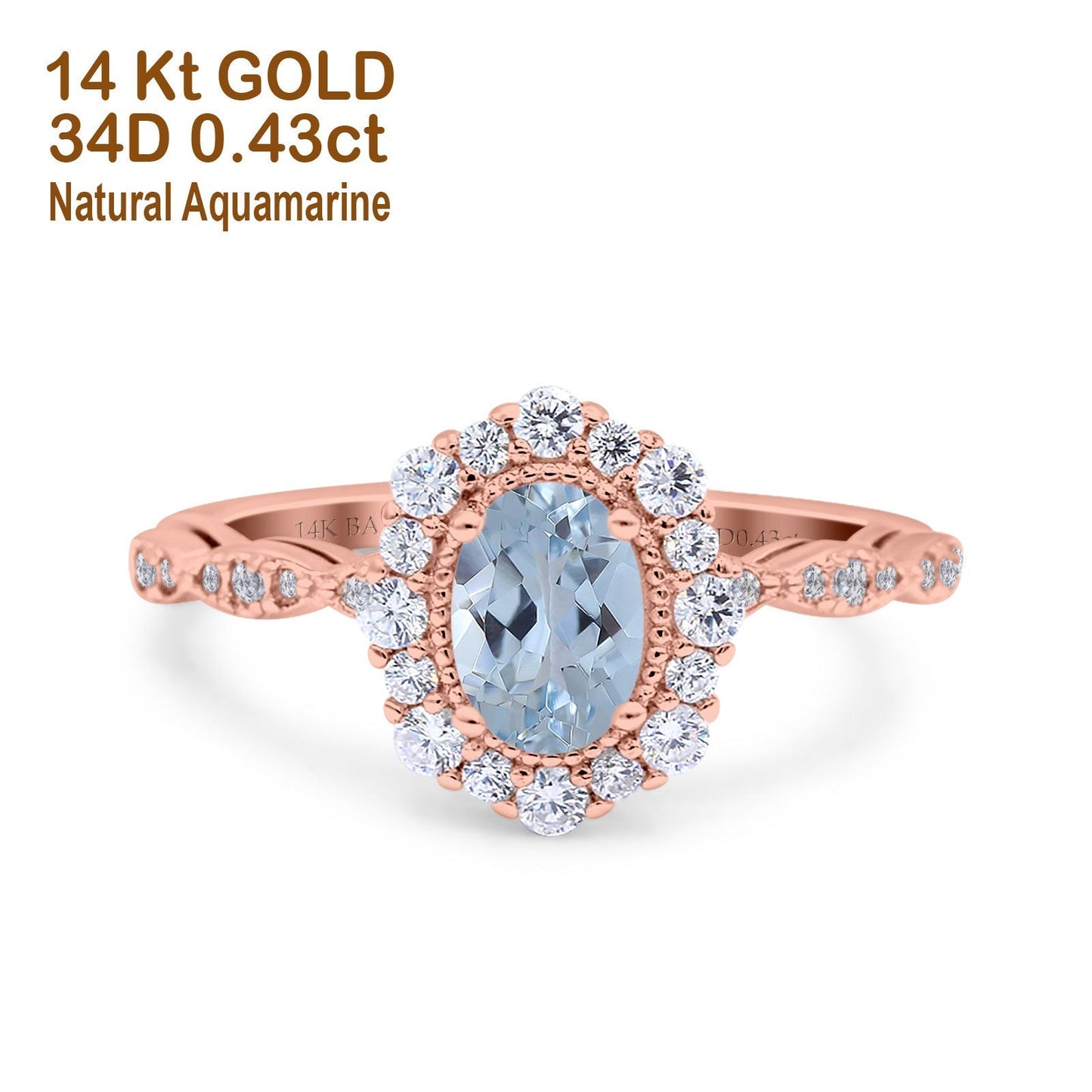 14K Rose Gold 1.19ct Vintage Art Deco Halo Oval 7mmx5mm G SI Natural Aquamarine Diamond Engagement Wedding Ring Size 6.5