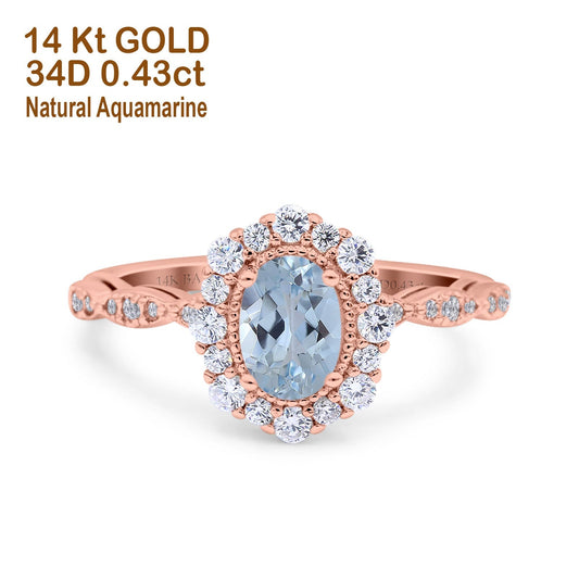 14K Rose Gold 1.19ct Vintage Art Deco Halo Oval 7mmx5mm G SI Natural Aquamarine Diamond Engagement Wedding Ring Size 6.5