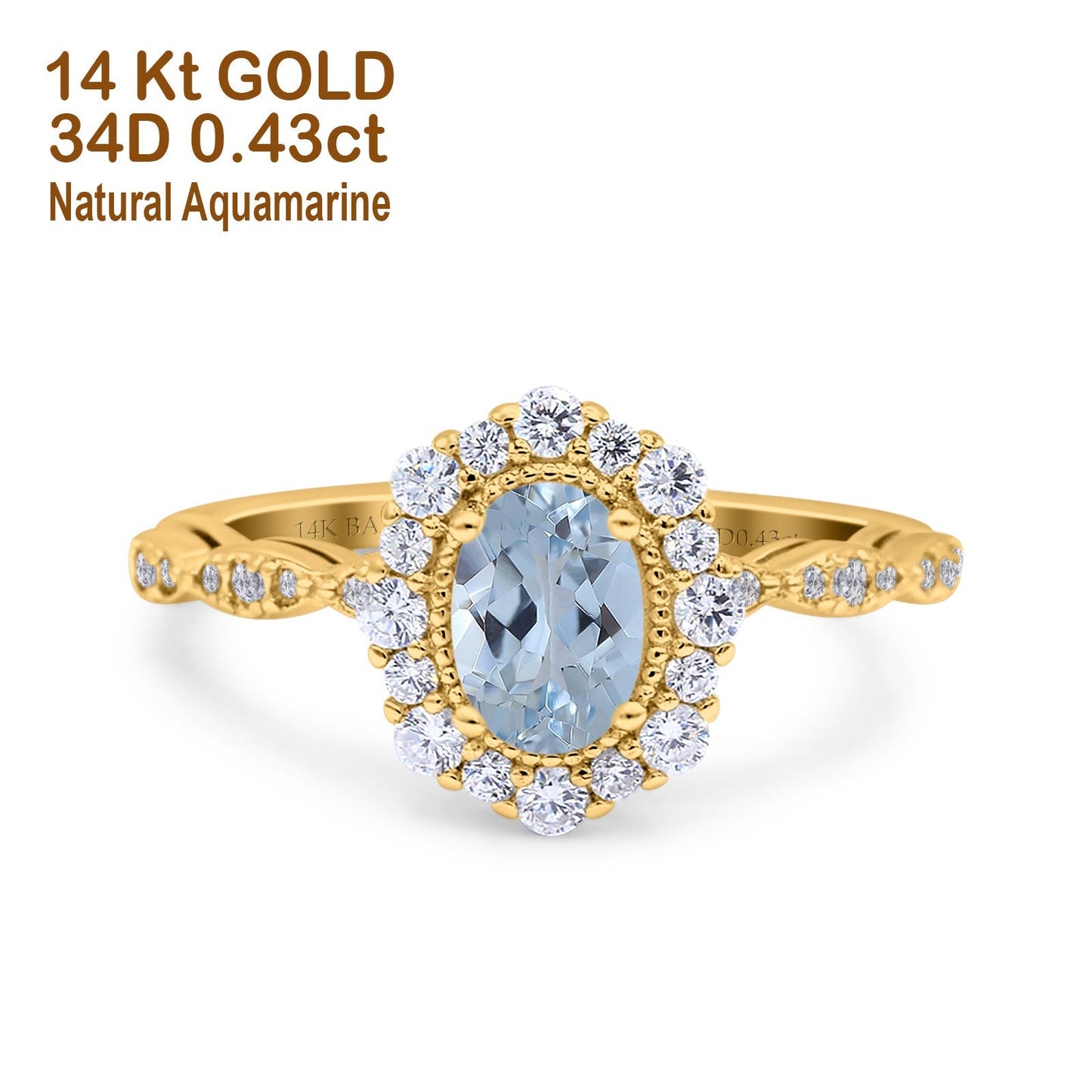 14K Yellow Gold 1.19ct Vintage Art Deco Halo Oval 7mmx5mm G SI Natural Aquamarine Diamond Engagement Wedding Ring Size 6.5