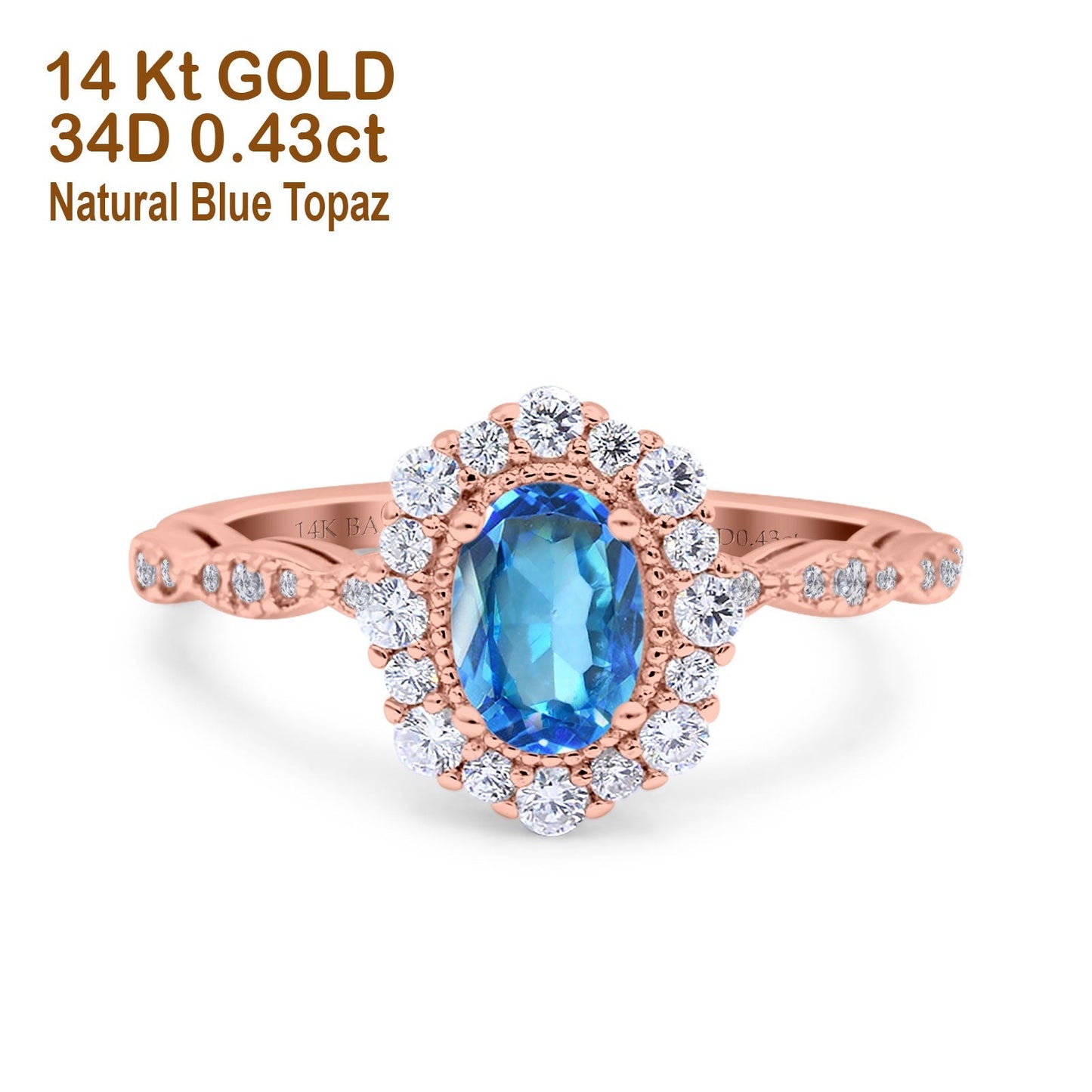 14K Rose Gold 1.19ct Vintage Art Deco Halo Oval 7mmx5mm G SI Natural Blue Topaz Diamond Engagement Wedding Ring Size 6.5