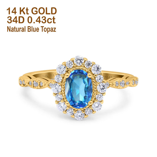 14K Yellow Gold 1.19ct Vintage Art Deco Halo Oval 7mmx5mm G SI Natural Blue Topaz Diamond Engagement Wedding Ring Size 6.5