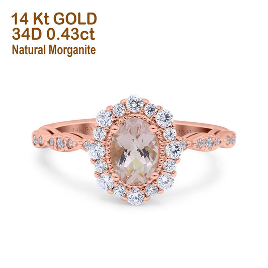 14K Rose Gold 1.19ct Vintage Art Deco Halo Oval 7mmx5mm G SI Natural Morganite Diamond Engagement Wedding Ring Size 6.5