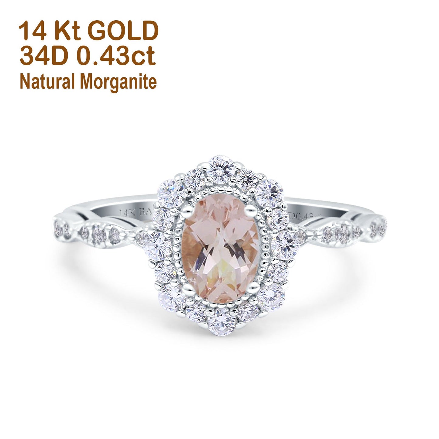 14K White Gold 1.19ct Vintage Art Deco Halo Oval 7mmx5mm G SI Natural Morganite Diamond Engagement Wedding Ring Size 6.5