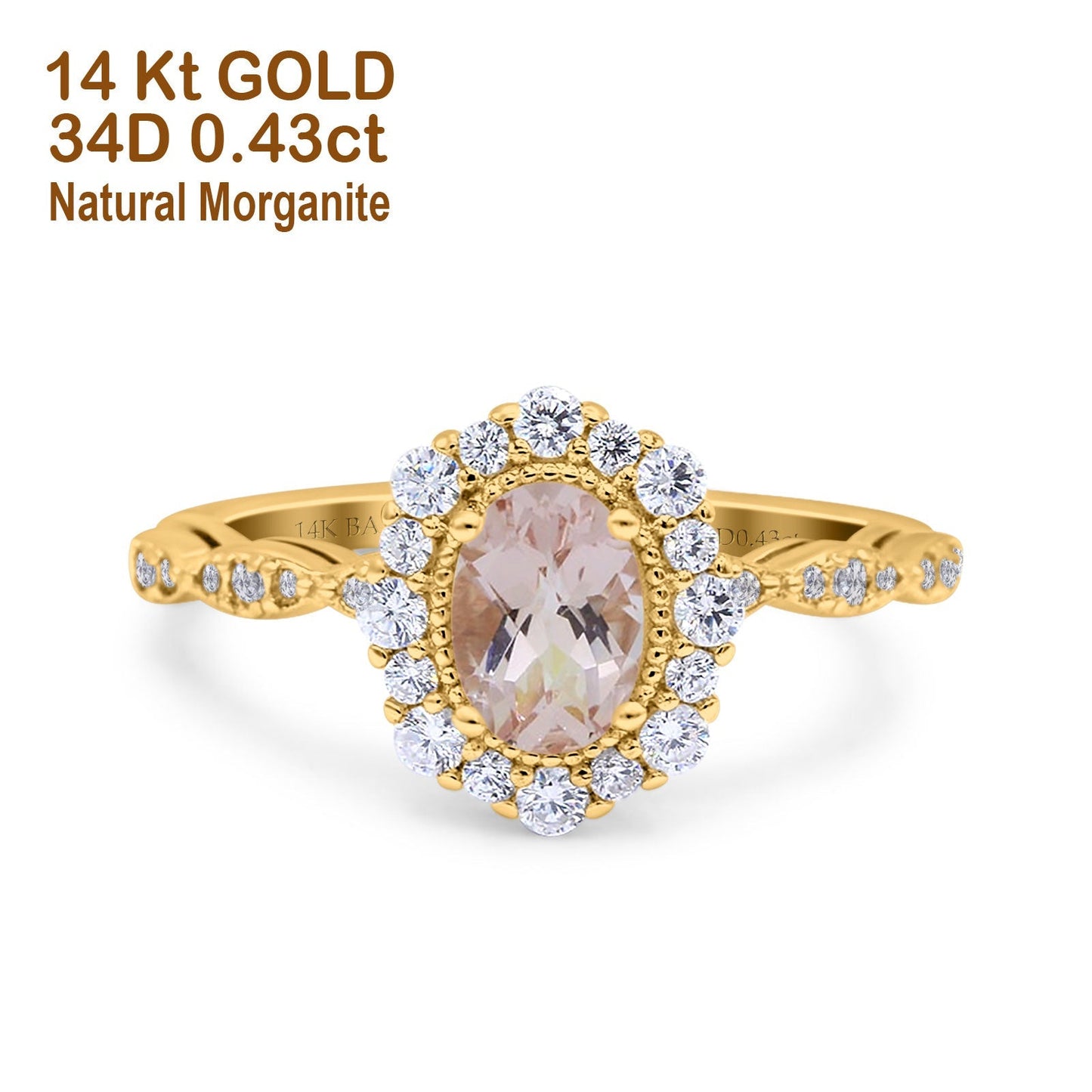 14K Yellow Gold 1.19ct Vintage Art Deco Halo Oval 7mmx5mm G SI Natural Morganite Diamond Engagement Wedding Ring Size 6.5